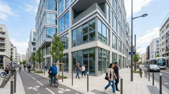 Façade vitrée d'un immeuble de bureaux contemporain sous un ciel lumineux en France