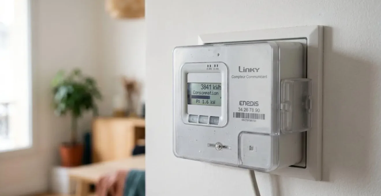 Gros plan d'un boîtier de compteur énergétique moderne monté sur un mur blanc avec câblage visible