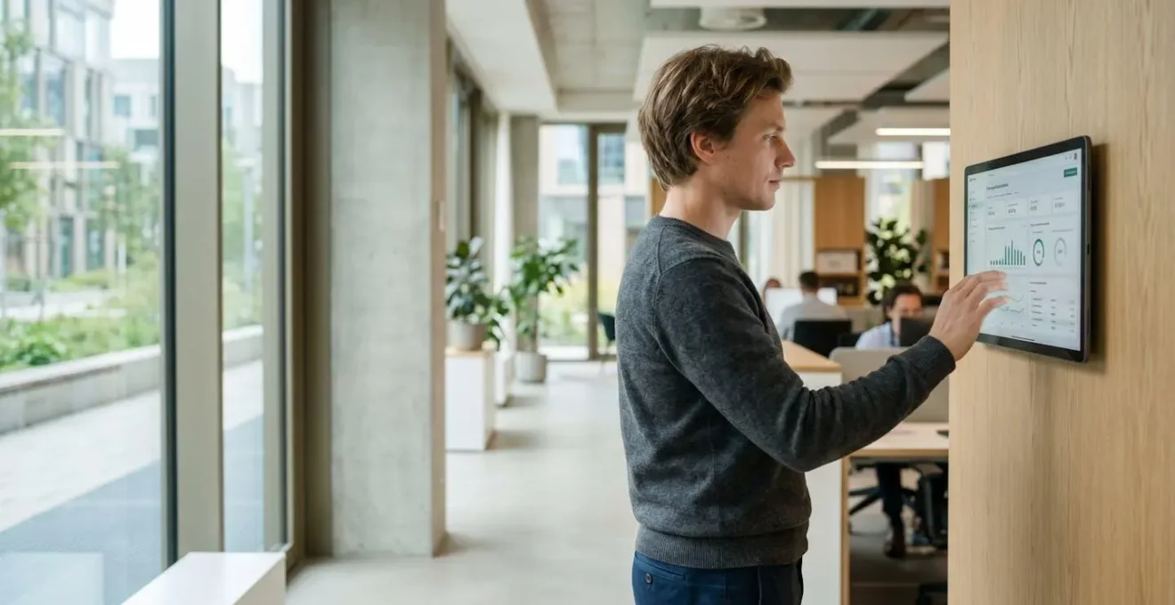 Personne vue de dos consultant une tablette dans un bureau moderne éclairé par la lumière naturelle