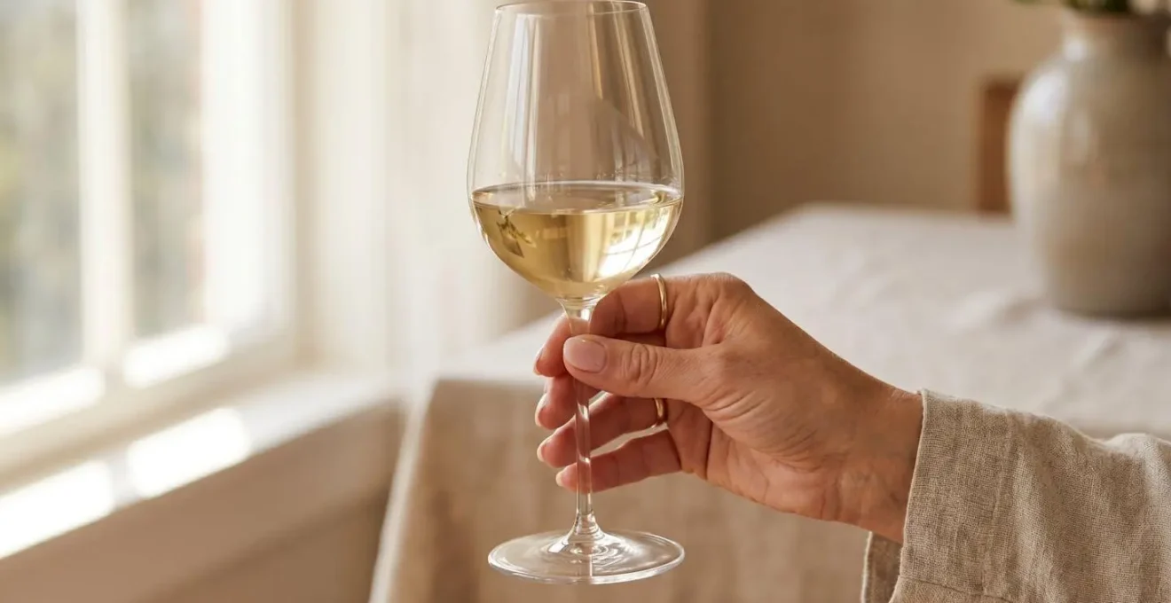 Main tenant délicatement un verre à vin ultraléger rempli de vin blanc, fond lumineux naturel