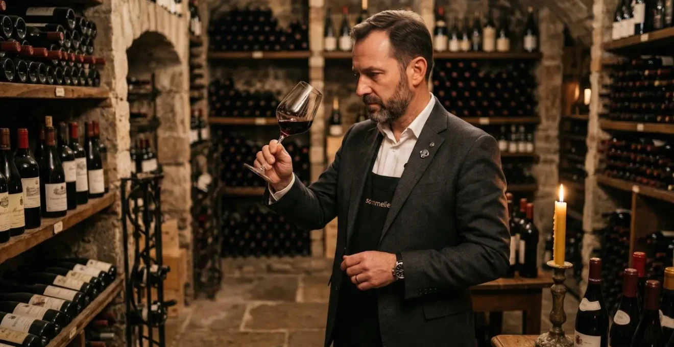 Sommelier en cave testant des verres de la collection Signature lors d'une séance de dégustation professionnelle