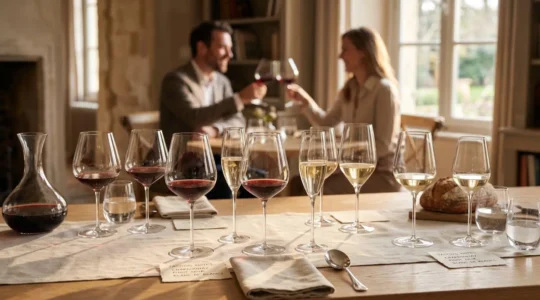 Verres à vin et à Champagne ultralégers disposés sur une table de dégustation élégante