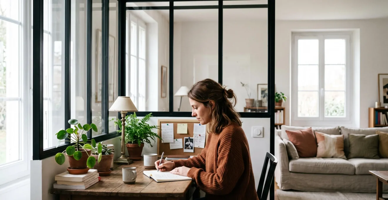 Femme travaillant dans un bureau fermé par une verrière en acier et verre