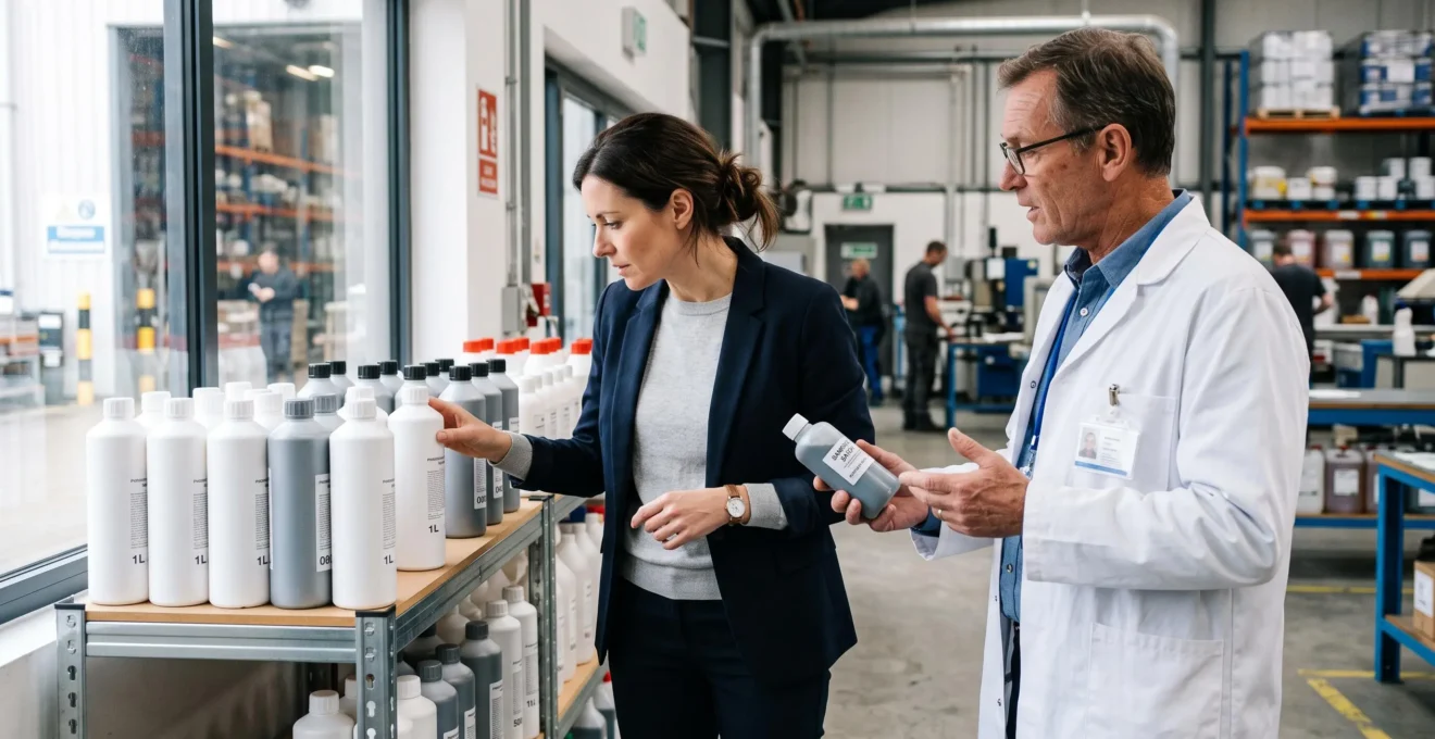 Une cliente examine des bouteilles de produits d'entretien présentées par un représentant fabricant.