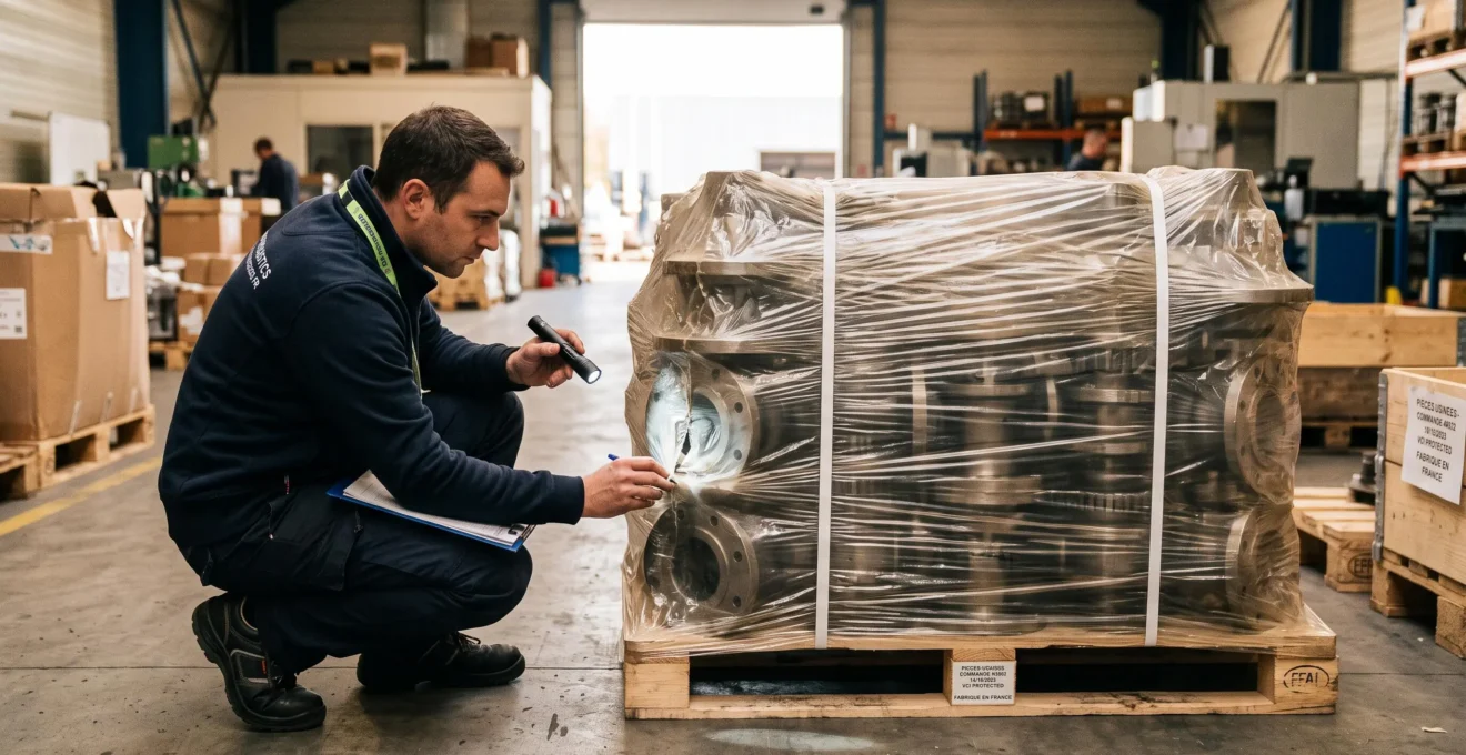 Un contrôleur examine une jointure de film VCI sur une palette préparée pour l'expédition.