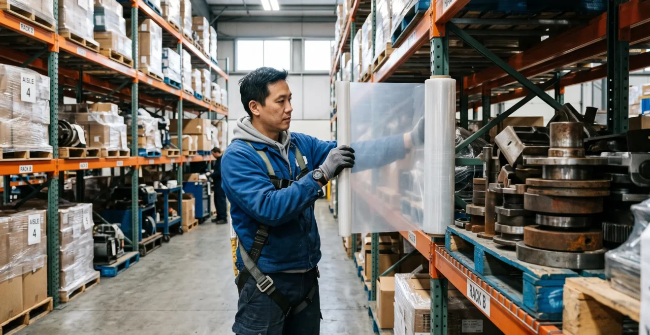 Un logisticien compare un échantillon de film VCI à un film étirable standard devant des pièces métalliques.