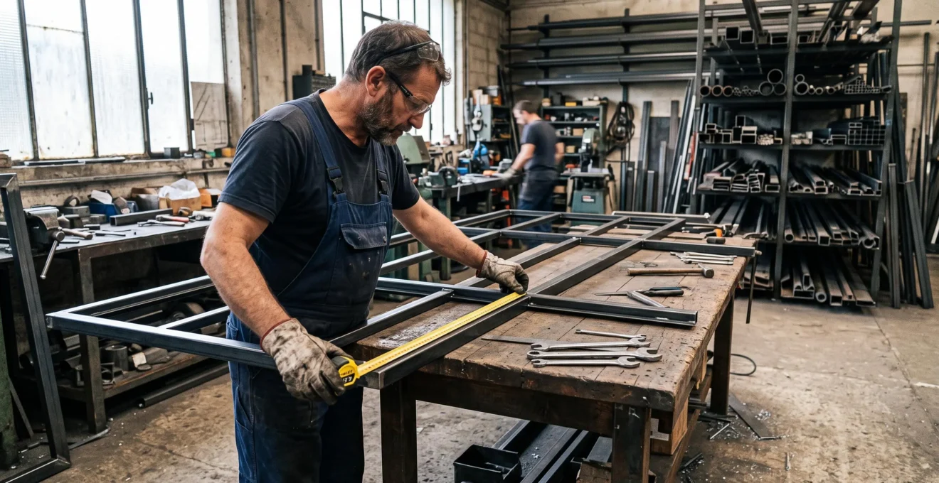 Métallier prenant les mesures d'un cadre de verrière en acier dans son atelier
