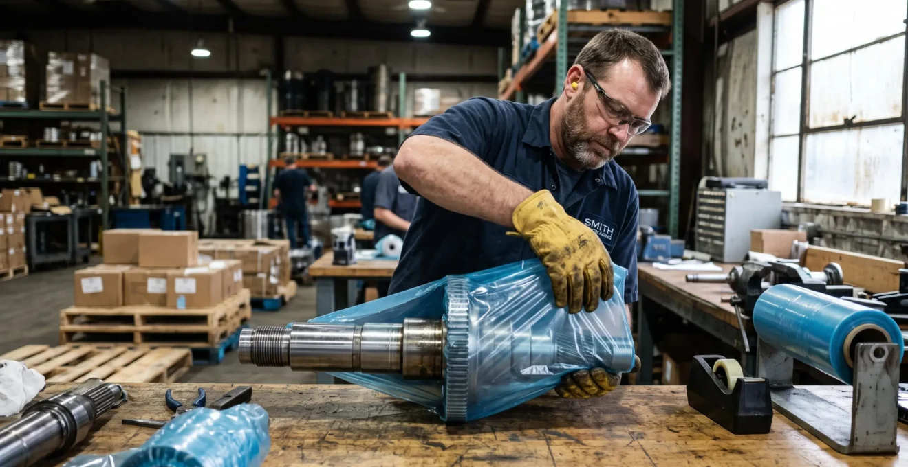 Un opérateur emballe des pièces métalliques avec un film plastique anticorrosion dans un atelier d'emballage.