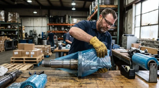 Un opérateur emballe des pièces métalliques avec un film plastique anticorrosion dans un atelier d'emballage.