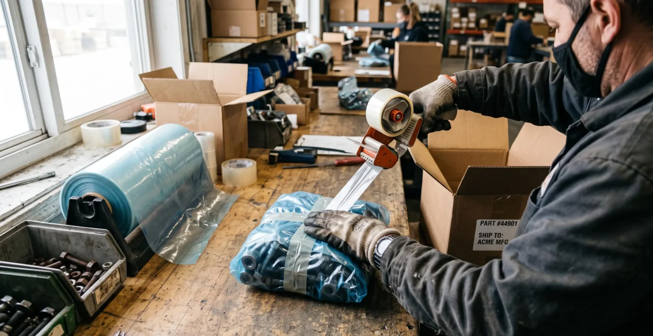 Un préparateur scelle un sachet film VCI contenant des composants acier avant mise en carton.