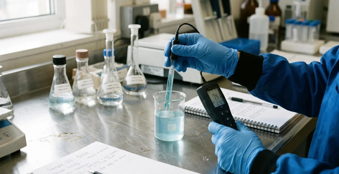 Un technicien mesure le pH d'un échantillon de produit d'entretien en laboratoire.