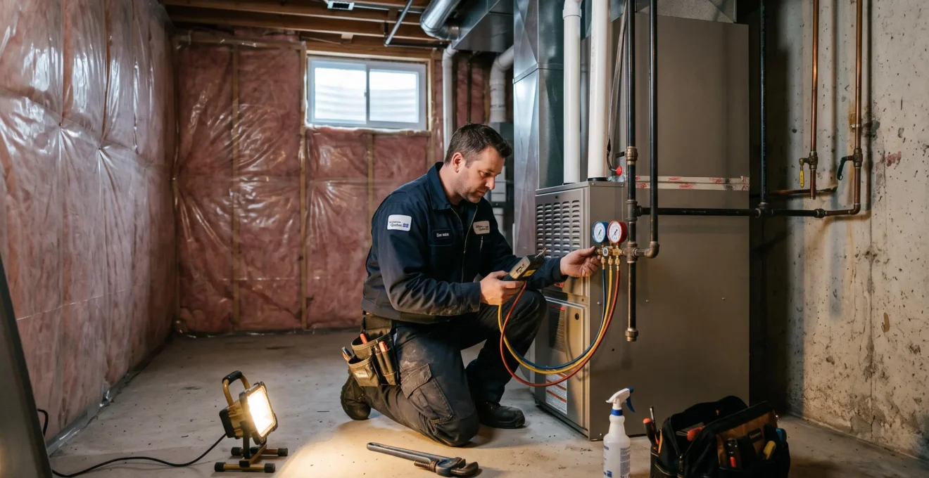 Un technicien vérifie une fournaise nouvellement installée dans un sous-sol résidentiel.