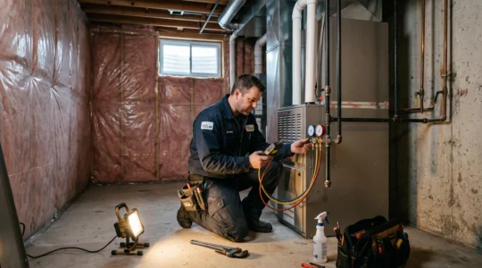 Un technicien vérifie une fournaise nouvellement installée dans un sous-sol résidentiel.