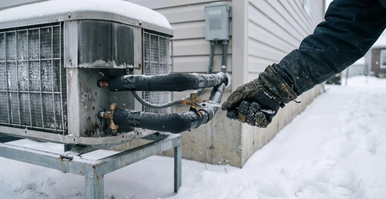 Une main gantée ajuste la vanne d'une thermopompe extérieure recouverte de neige.
